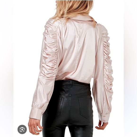 AS By DF Ferrara Ruched-Sleeve Satin Blouse in Blush New with Tags! - Picture 3 of 11